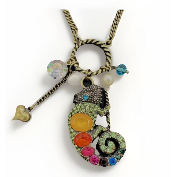 Betsey Johnson Necklace Gecko Multi Color Crystals on Ring with Dangles 21" Rare - Picture 1 of 7